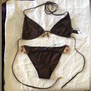 Brown string bikini with beads